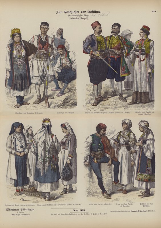 Dalmatialaiset puvut, 1800-luvun loppu (värillinen kaiverrus) tekijältä German School