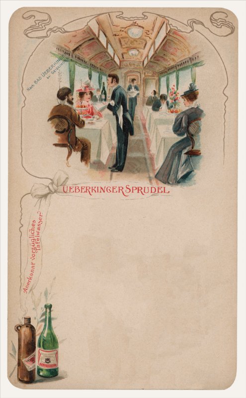 Ruokailuauto junassa, mainos Ueberkinger Sprudel -pöytävedestä (chromolitho) tekijältä German School