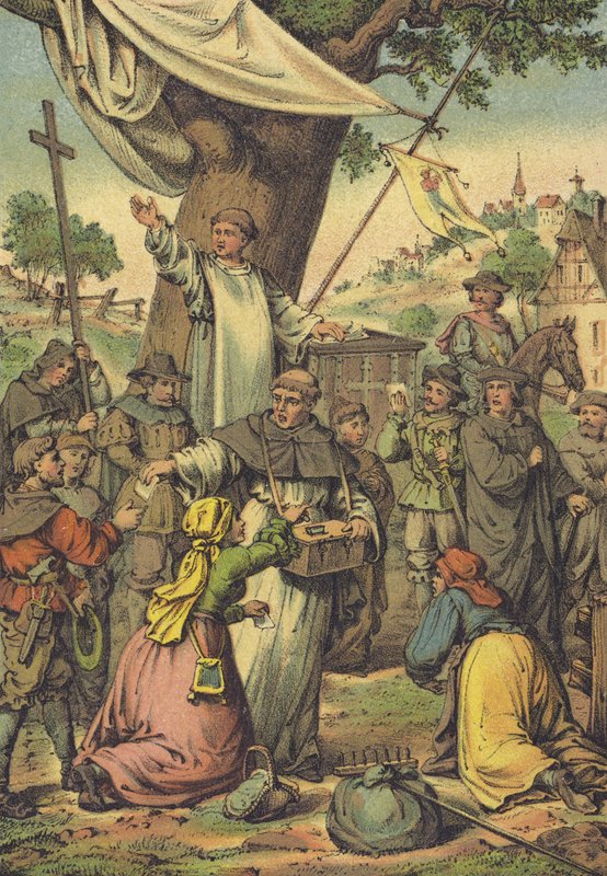 Dominikaaninen pastori Johann Tetzel jakaa alennuksia rahasta tekijältä German School