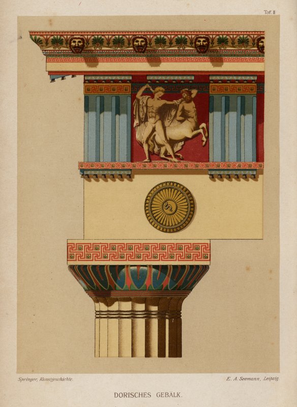 Doric entableature, antiikin kreikkalainen arkkitehtuuri (väri litho) tekijältä German School