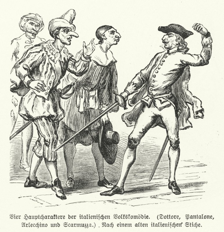 Tohtori, Pantalone, Arlecchino ja Scaramuccia, neljä hahmoa Commedia dell