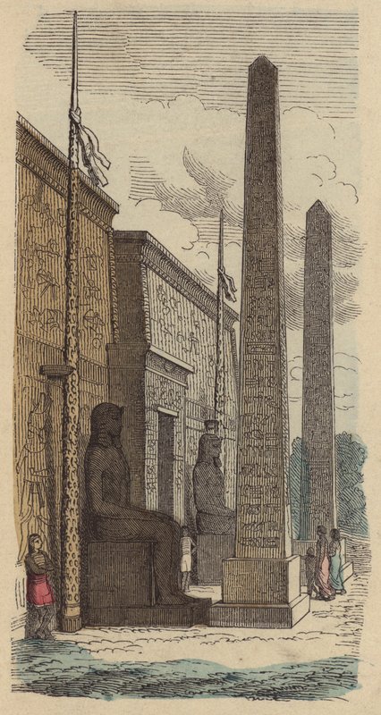 Muinaisen egyptiläisen palatsin temppelin sisäänkäynti (värillinen kaiverrus) tekijältä German School