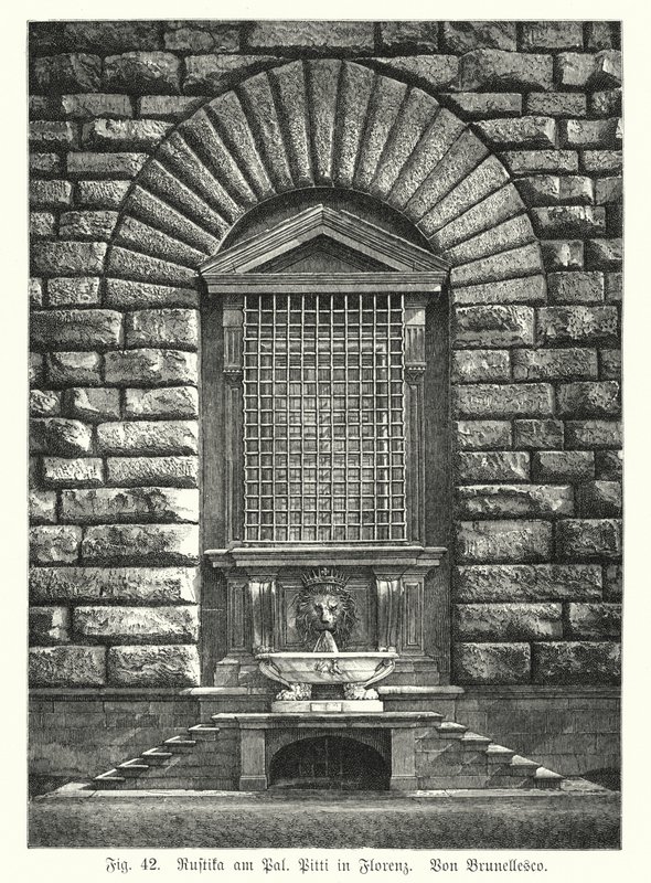 Esimerkki rustifikaatiosta, Filippo Brunelleschi, Palazzo Pitti, Firenze, Italia (kaiverrus) tekijältä German School