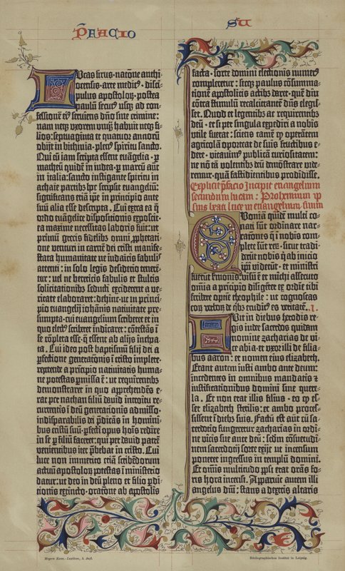 Faksilimile Johannes Gutenbergin 42-rivisesta latinalaisesta Raamatusta vuodelta 1455 (värilitho) tekijältä German School