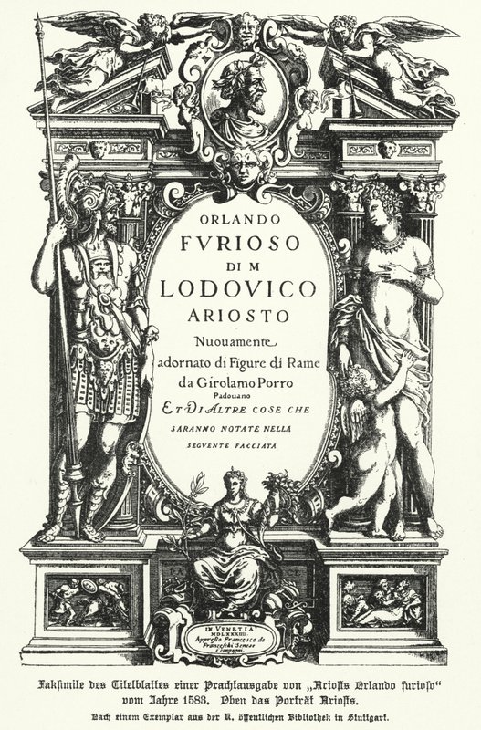 Faksimile italialaisen runoilijan Ludovico Arioston eepos Orlando Furioso vuodelta 1583 ilmestyneestä painoksesta (kuvat) tekijältä German School