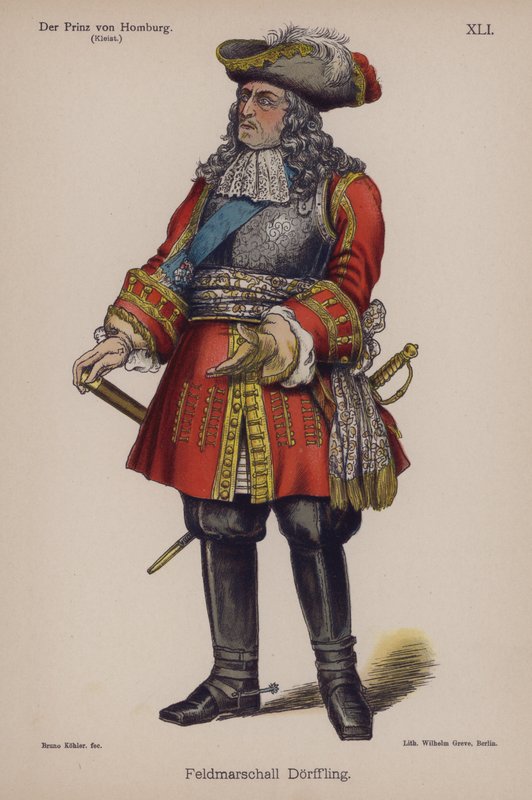 Kenttämarsalkka Doerffling, kirjasta Der Prinz von Homburg (Homburgin prinssi), kirjoittanut Heinrich von Kleist (väri litho) tekijältä German School