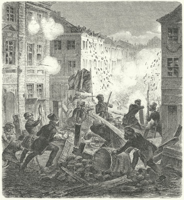 Taistelu barrikadilla Collnin kaupungintalon edessä, Berliini, vuoden 1848 vallankumous (kaiverrus) tekijältä German School