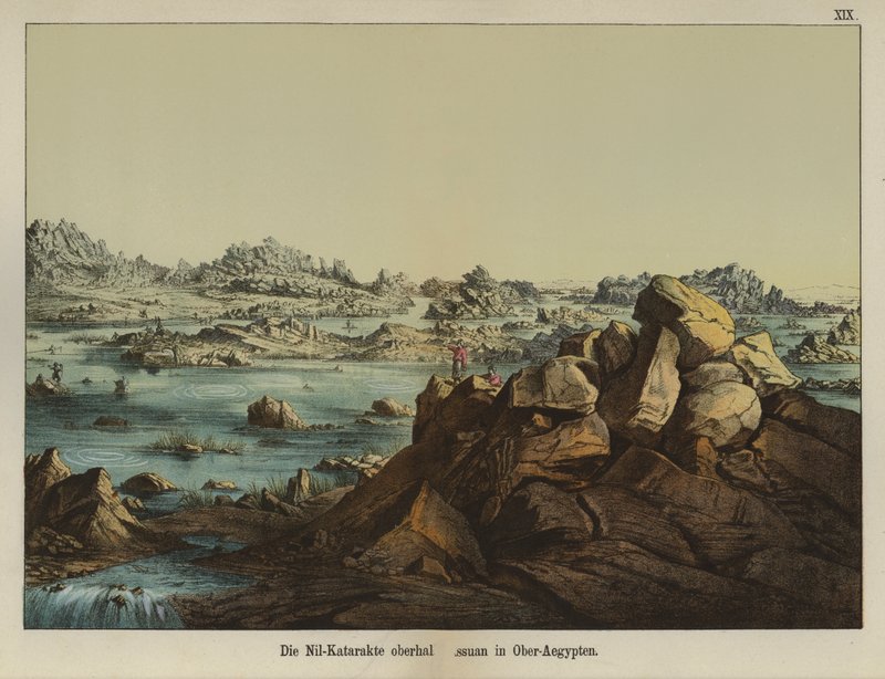 Niilin ensimmäinen kaihi, Aswan, Ylä-Egypti (väri litho) tekijältä German School