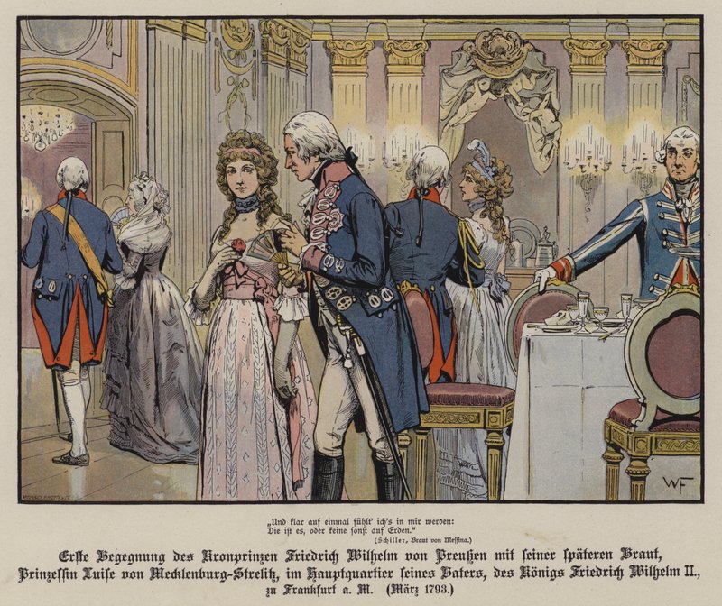 Preussin kruununprinssi Frederick Williamin ja hänen tulevan morsiamensa, Mecklenburg-Strelitzin prinsessa Louisen ensimmäinen tapaaminen isänsä, kuningas Frederick William II:n päämajassa Frankfurtissa tekijältä German School