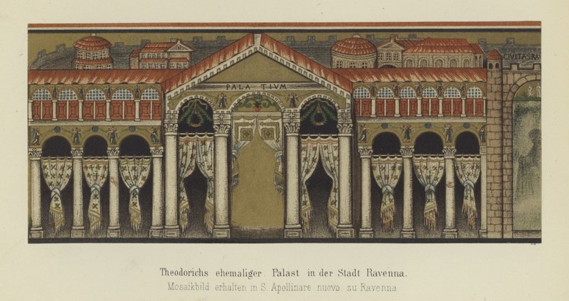 Entinen ostrogoottien kuninkaan Theoderic Suuren palatsi Ravennassa, Italiassa (väri litho) tekijältä German School