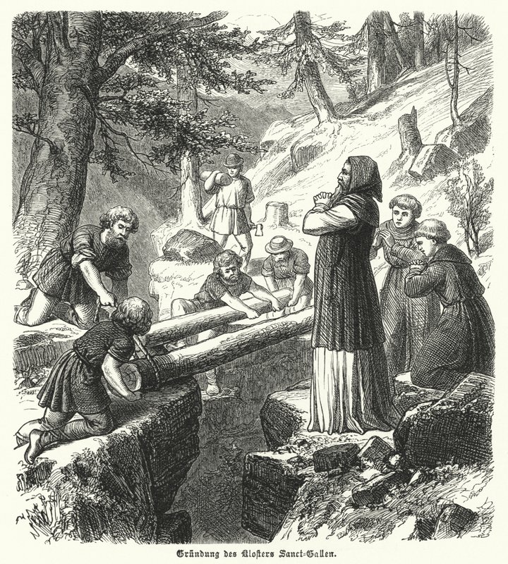 St Gallin luostarin perustaminen, Sveitsi, 800-luku (kaiverrus) tekijältä German School