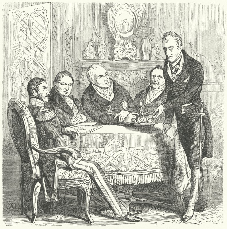 Frederick Vilhelm III Preussista keskustelee pääministerinsä Karl August von Hardenbergin ja Itävallan ulkoministerin Klemens von Metternichin kanssa (kaiverrus) tekijältä German School
