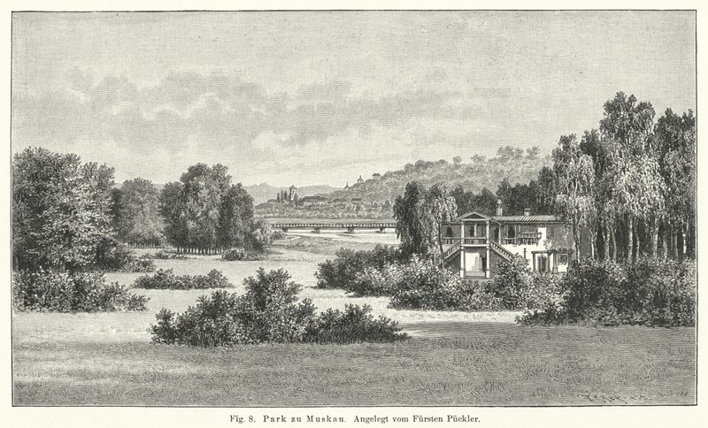 Puutarhasuunnittelu: Muskau Park, Saksa, piirtäjä prinssi Hermann von Pueckler-Muskau (kaiverrus) tekijältä German School