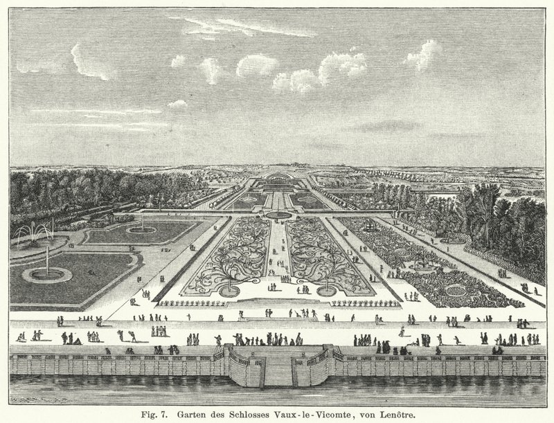 Puutarhasuunnittelu: Chateau de Vaux-le-Vicomten puutarha Maincyssa, Ranskassa, Andre le Notren 1600-luvulla suunnittelema (kaiverrus) tekijältä German School