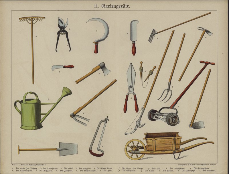 Puutarhavälineet (väri litho) tekijältä German School