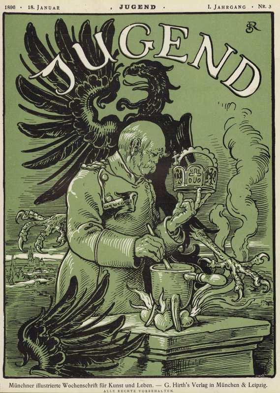 Saksan liittokansleri Otto von Bismarck pitelee Pyhän Rooman valtakunnan kruunua (väri litho) tekijältä German School