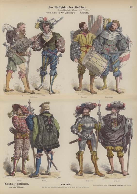Saksalainen Landsknechte (palkkasotilaat), 1500-luvun alku (värillinen kaiverrus) tekijältä German School