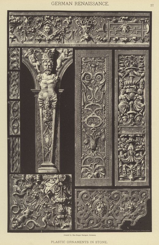 Saksalainen renessanssi, muoviset koristeet kivessä (väri litho) tekijältä German School
