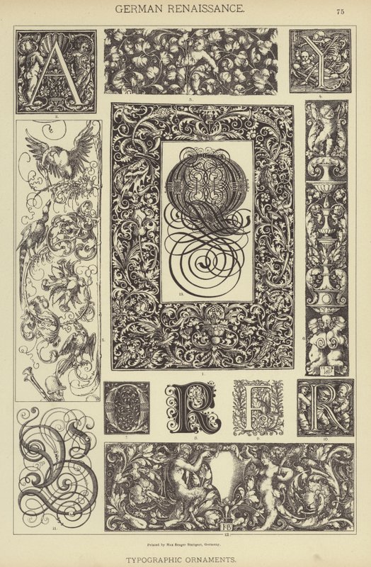 Saksalainen renessanssi, typografiset koristeet (väri litho) tekijältä German School