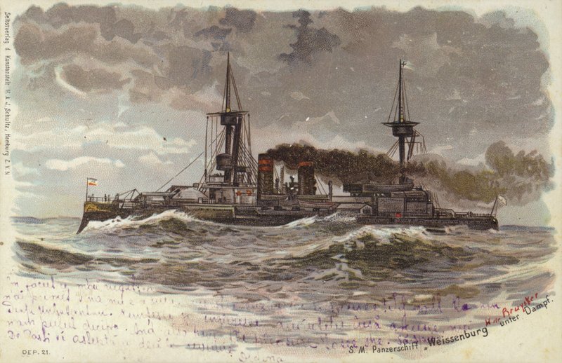 Saksalainen taistelulaiva SMS Weissenburg, 1800-luvun loppu tai 1900-luvun alku (väri litho) tekijältä German School