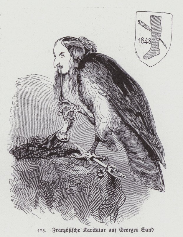 Saksalainen karikatyyri 1800-luvun ranskalaisesta naiskirjailijasta George Sandista (litho) tekijältä German School