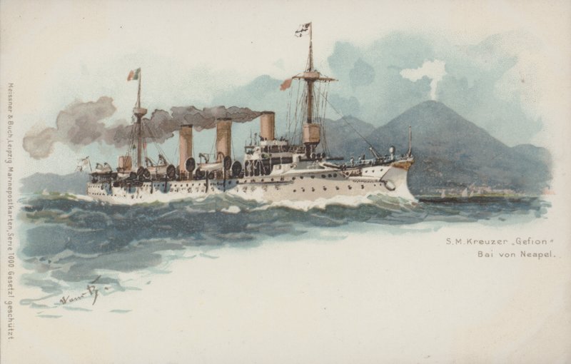 Saksalainen risteilijä Gefion Napolinlahdella, Italiassa (chromolitho) tekijältä German School