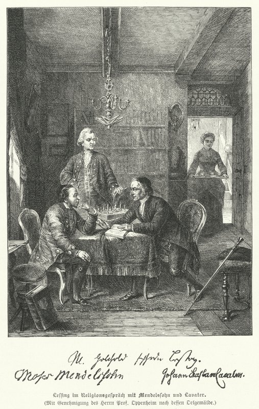 Saksalainen filosofi ja dramaturgi keskustelee uskonnosta Moses Mendelssohnin ja Johann Kaspar Lavaterin kanssa (kaiverrus) tekijältä German School