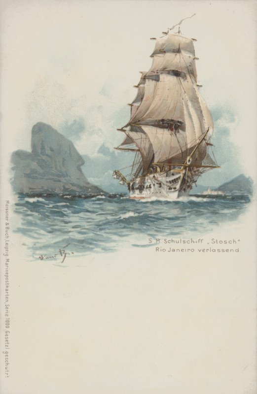 Saksalainen harjoitusalus Stosch lähtee Rio de Janeirosta Brasiliasta (chromolitho) tekijältä German School