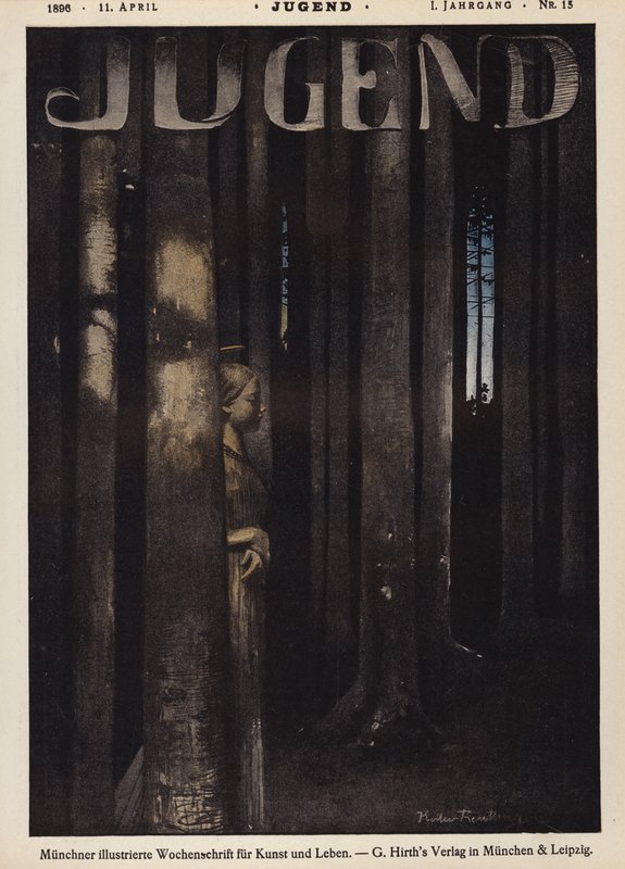 Tyttö kävelee metsässä yöllä (väri litho) tekijältä German School