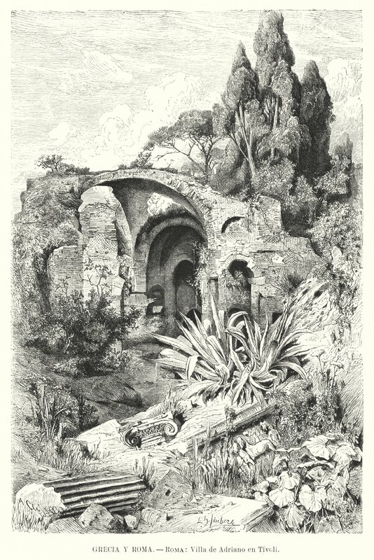 Hadrianuksen huvila, Tivoli, Italia (litho) tekijältä German School