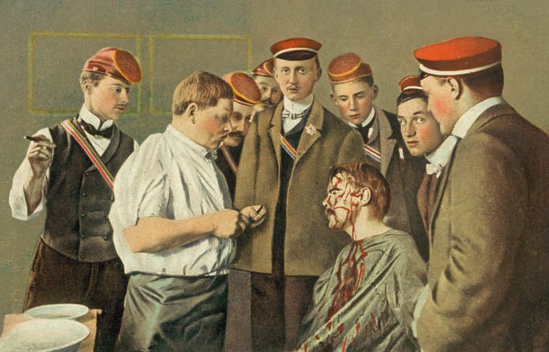 Heidelbergin yliopiston opiskelija haavoittuu sapelitaistelussa (värilitografia). tekijältä German School