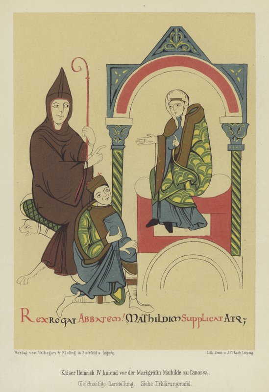 Henry IV, Pyhän Rooman keisari, polvistumassa Toscanan markraviiva Matildan edessä Canossassa tekijältä German School