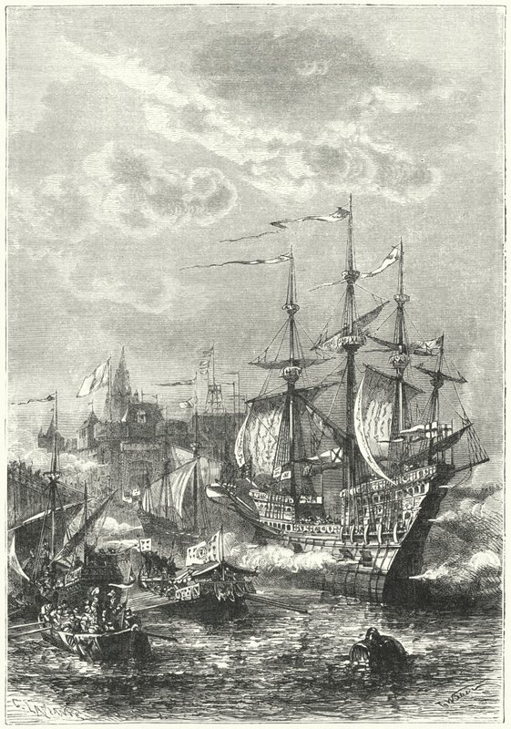 Henrik VIII ja englantilainen laivasto laskeutumassa Calais