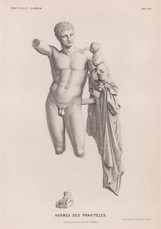Hermes ja Dionysos-lapsi, Praxiteles-veistos, joka on kaivettu Olympiassa, Kreikassa (kaiverrus) tekijältä German School
