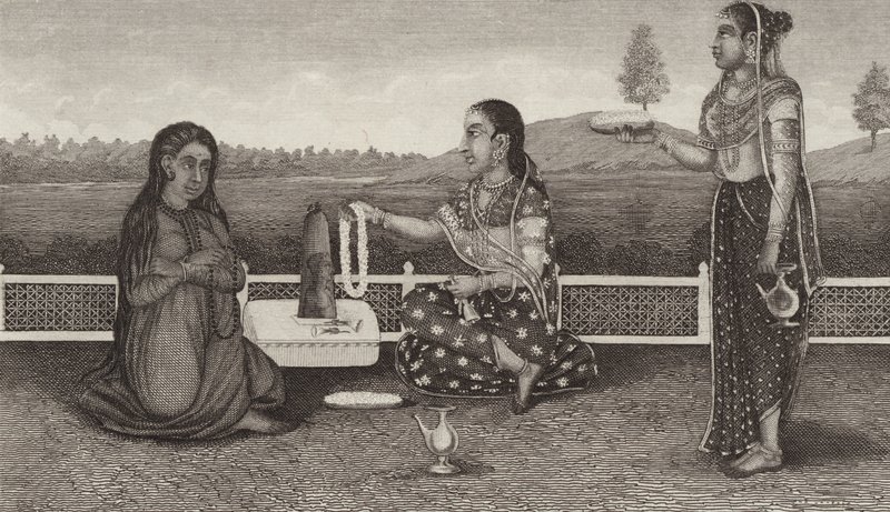 Hindujen kuolleiden kunnioitus, Intia. Kuva Bilder-Atlasista (kaiverrus) tekijältä German School