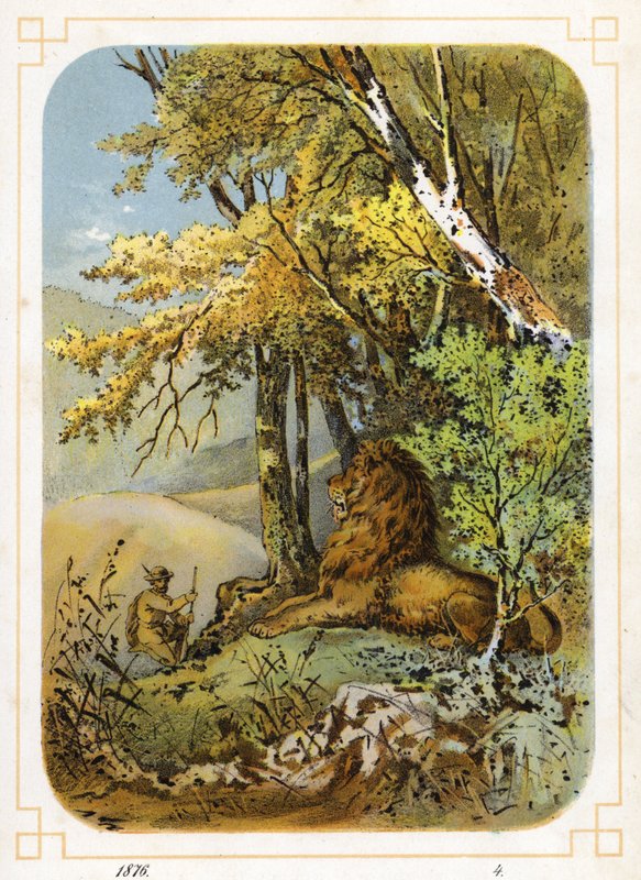 Hunter lähestyy leijonaa (väri litho) tekijältä German School