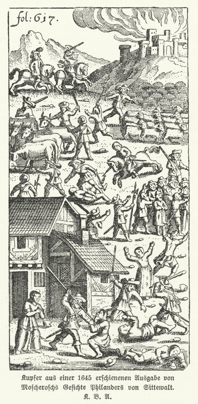Kuvitus saksalaisen kirjailijan Johann Michael Moscheroschin satiirisen teoksen Wondrous and True Visiions of Philander von Sittewald (litho) vuodelta 1645. tekijältä German School