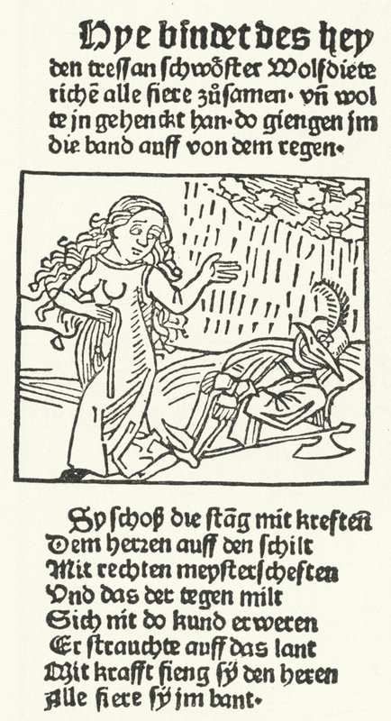Kuvitus romanttisen sankarin Wolfdietrichin tarinasta, jonka Hans Schoensperger julkaisi Augsburgissa vuonna 1491 (kaiverrus) tekijältä German School