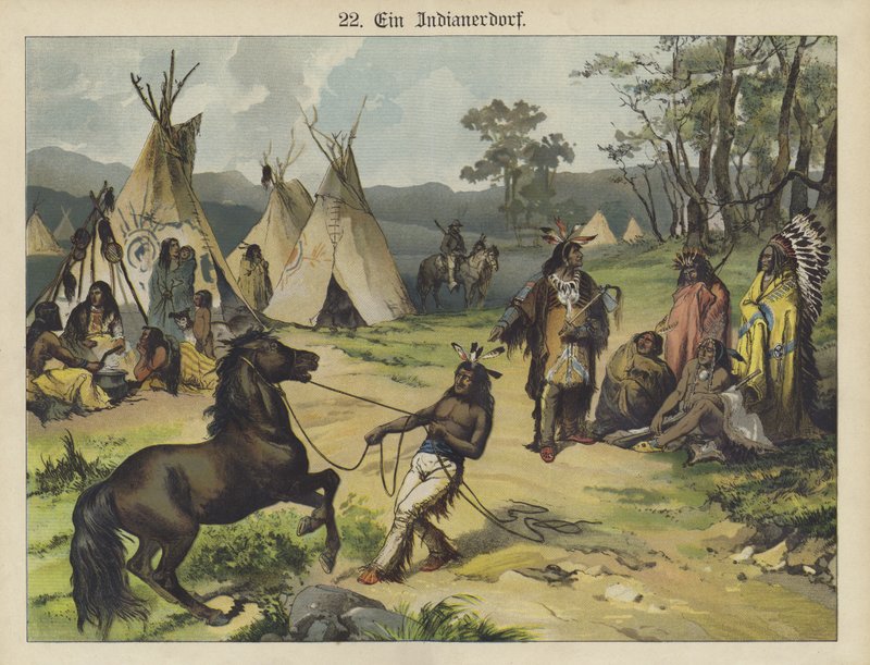 Intiaanileiri, Amerikka (väri litho) tekijältä German School