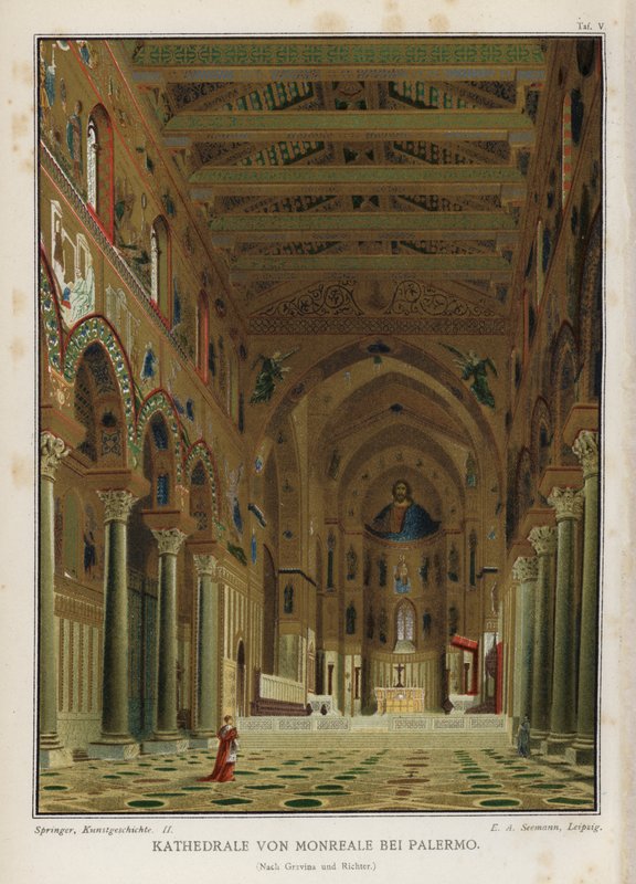 Sisustus, Monrealen katedraali, Palermo, Sisilia, Italia (väri litho) tekijältä German School