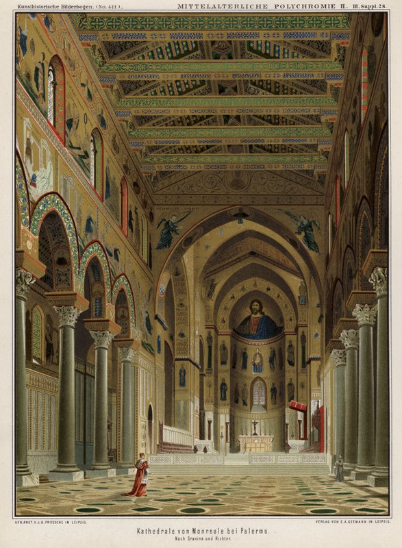 Monrealen katedraalin sisustus, Palermo, Sisilia, Italia (väri litho) tekijältä German School
