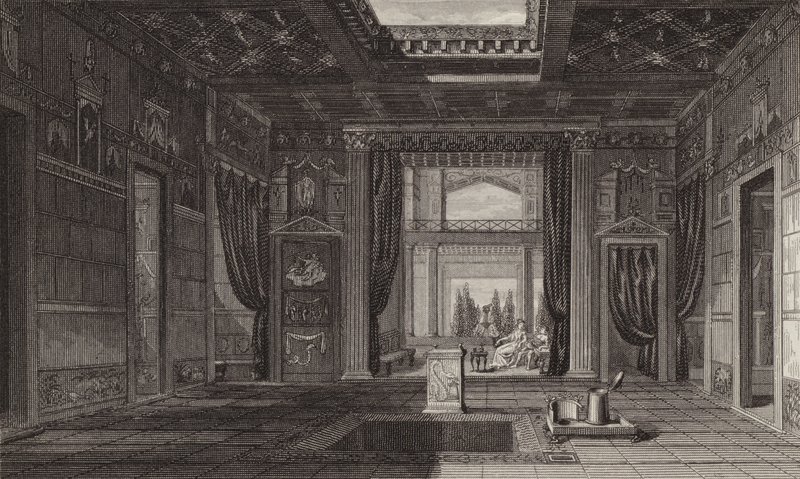 Roomalaisen talon sisustus Pompejissa. Kuva Bilder-Atlasista (kaiverrus) tekijältä German School