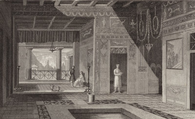 Roomalaisen talon sisustus Pompejissa. Kuva Bilder-Atlasista (kaiverrus) tekijältä German School