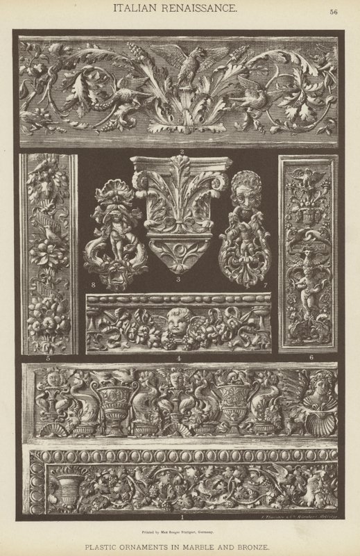 Italian renessanssi, muovisia koristeita marmorista ja pronssista (väri litho) tekijältä German School