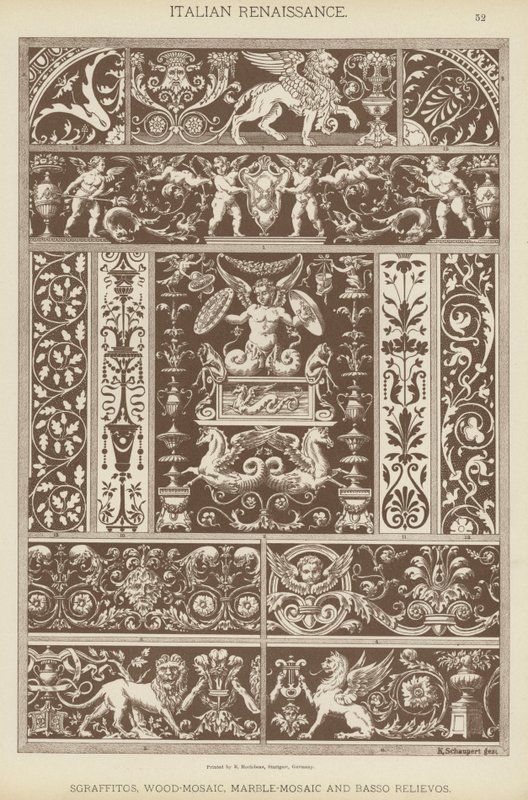 Italian renessanssi, sgraffitos, puu-mosaiikki, marmori-mosaiikki ja basso-relievos (värilitho) tekijältä German School