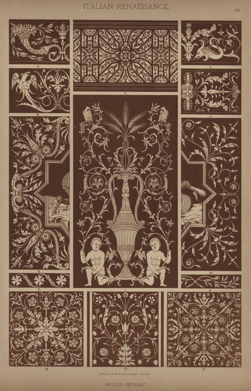 Italialainen renessanssi, puumosaiikki (väri litho) tekijältä German School