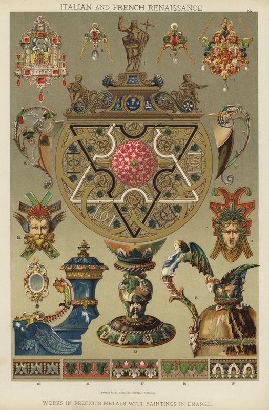 Italialainen ja ranskalainen renessanssi, teoksia jalometalleilla Witt maalauksia emaliin (väri litho) tekijältä German School