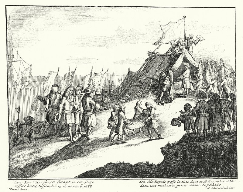 Englannin James II viettää yön 15.–16. marraskuuta 1688 köyhässä kalastajan mökissä (kaiverrus) tekijältä German School