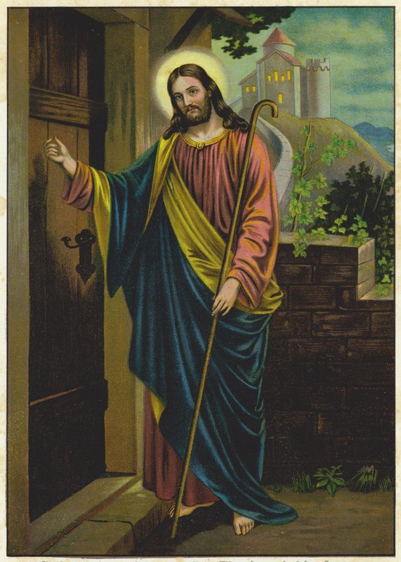 Jeesus koputtaa talon oveen (värilitografia). tekijältä German School