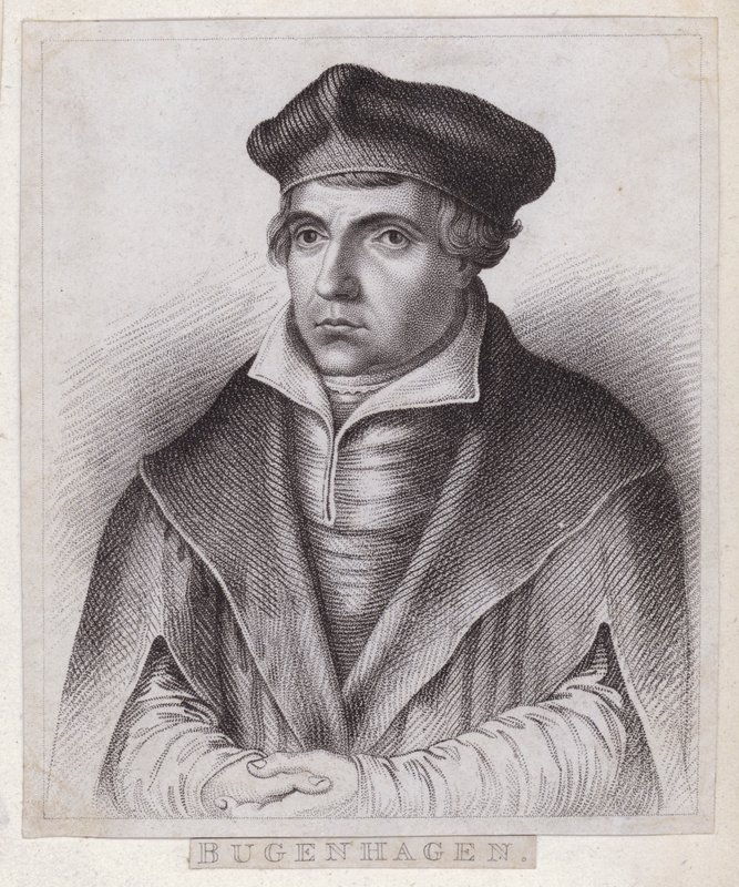 Johannes Bugenhagen (tohtori Pomeranus), saksalainen pappi ja teologi, joka esittelee protestanttisen uskonpuhdistuksen Pommeriin ja Tanskaan (kaiverrus) tekijältä German School